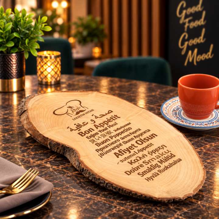 Doğal Ağaç Dilimi Logo Baskılı Ahşap Restoran Menü